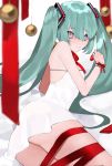  1girl 3: aqua_hair ass bare_shoulders bauble bebe_pp bed_sheet blurry closed_mouth cowboy_shot depth_of_field dress embarrassed eyelashes food fruit grey_eyes hair_between_eyes hair_ornament hatsune_miku highres holding holding_food holding_fruit long_hair looking_at_viewer looking_back lying on_bed on_side red_ribbon ribbon short_dress sidelocks signature skindentation sleeveless sleeveless_dress solo strap strawberry twintails very_long_hair vocaloid white_background white_dress wrist_cuffs 