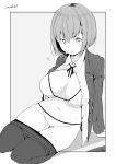  1girl bikini breasts closed_mouth greyscale jacket kichihachi large_breasts long_sleeves looking_at_viewer monochrome open_clothes open_shirt original pantyhose pantyhose_pull short_hair sitting solo swimsuit twitter_username 