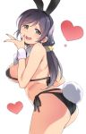  1girl :d animal_ears ass bikini black_bikini breasts bunny_tail deyuuku fake_animal_ears fake_tail hair_ornament hair_scrunchie heart large_breasts long_hair looking_at_viewer love_live! love_live!_school_idol_project low_twintails nail_polish open_mouth purple_hair rabbit_ears red_nails scrunchie simple_background smile solo swimsuit tail toujou_nozomi twintails white_background yellow_scrunchie 