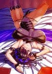  1girl armlet bangs bare_shoulders black_gloves black_hair black_swimsuit breasts covered_navel fate/grand_order fate_(series) fingerless_gloves flower gloves hair_flower hair_ornament hair_up half_gloves highleg highleg_swimsuit highres large_breasts long_hair looking_at_viewer lying murasaki_shikibu_(fate) murasaki_shikibu_(swimsuit_rider)_(fate) on_back one-piece_swimsuit purple_hair swimsuit thighs tied_hair violet_eyes yuhica 