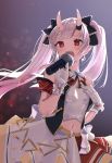  1girl alternate_costume alternate_hairstyle belt commentary_request gloves hair_between_eyes highres hololive long_hair microphone nakiri_ayame namaonpa navel open_mouth red_eyes silver_hair solo twintails virtual_youtuber white_background 