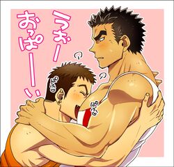  2boys akihiro_altland bara between_pecs black_eyes black_hair blush brown_hair chest couple dark_skin dark_skinned_male earrings ezaki_papiko gundam gundam_tekketsu_no_orphans head_between_pecs highres hug jewelry male_focus multiple_boys muscle norba_shino pectorals short_hair thick_eyebrows translated upper_body yaoi 