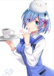  1girl absurdres animal_on_head bangs black_hairband blue_eyes blue_hair blue_vest bunny_on_head character_name closed_mouth coffee collared_shirt cosplay cup eyebrows_visible_through_hair finger_to_mouth flower gochuumon_wa_usagi_desu_ka? hair_between_eyes hair_flower hair_ornament hair_ribbon hairband heart highres holding holding_plate index_finger_raised kafuu_chino kafuu_chino_(cosplay) long_sleeves looking_at_viewer minase_inori on_head plate rabbit rabbit_house_uniform re:zero_kara_hajimeru_isekai_seikatsu red_ribbon rem_(re:zero) ribbon seiyuu_connection shiny shiny_hair shirt short_hair shushing signature simple_background smile solo teacup tina_(pixiv37050289) tippy_(gochiusa) upper_body vest white_background white_flower white_shirt wing_collar x_hair_ornament 