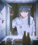  1girl animal_ear_fluff animal_ears arknights artist_name bangs black_hair bottle can closed_mouth collarbone eyebrows_visible_through_hair food indoors lococo:p long_hair red_eyes refrigerator refrigerator_interior shirt short_sleeves solo texas_(arknights) towel towel_around_neck upper_body white_shirt wolf_ears 