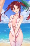  1girl absurdres alternate_hairstyle beach blue_sky breasts casual_one-piece_swimsuit clouds commentary_request cowboy_shot day earrings embarrassed erena_(sakura_aimax) highres horizon jewelry long_hair looking_at_viewer love_live! love_live!_sunshine!! ocean one-piece_swimsuit open_mouth outdoors red_eyes redhead sakurauchi_riko sky small_breasts solo swimsuit twintails white_swimsuit 