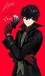  1boy absurdres amamiya_ren bangs black_coat black_hair btmr_game closed_mouth coat controller crossed_arms game_console game_controller gloves hair_between_eyes highres holding long_sleeves male_focus one_eye_closed persona persona_5 persona_5_the_royal playstation_4 red_background red_eyes red_gloves simple_background solo star_(symbol) 