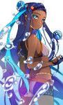  1girl akabuchi_glasses bikini_shorts blue_eyes blue_gloves blue_hair blurry_foreground breasts dark_skin earrings floating_hair from_behind gloves hair_ornament highres jewelry long_hair looking_at_viewer multicolored_hair nessa_(pokemon) parted_lips pokemon pokemon_(game) pokemon_swsh shiny shiny_hair short_shorts shorts signature small_breasts sports_bikini two-tone_hair very_long_hair white_background 