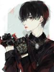  1boy black_eyes black_hair eyebrows eyebrows_behind_hair gloves hatching_(texture) jewelry lips lipstick lipstick_tube looking_at_viewer makeup male_focus necklace nishihara_isao original pale_skin red_lipstick short_hair solo 