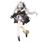  1girl assault_rifle aug_para black_footwear bow bowtie breasts bullpup character_request dress eyebrows_visible_through_hair girls_frontline gun hair_ribbon holding holding_weapon jacket leg_holster long_hair looking_at_viewer multicolored multicolored_clothes multicolored_dress multicolored_jacket open_eyes open_mouth ribbon rifle shoes silver_hair single_thighhigh smile smile_(mm-l) solo squirrel steyr_aug thigh-highs twintails weapon white_background white_legwear white_neckwear yellow_eyes 