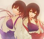  2girls 888myrrh888 :d akagi_(kantai_collection) blue_hakama blush brown_eyes brown_hair eyebrows_visible_through_hair hair_between_eyes hakama hakama_skirt japanese_clothes kaga_(kantai_collection) kantai_collection long_hair multiple_girls muneate open_mouth red_hakama side_ponytail smile tasuki 