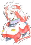  1girl floating_hair gundam gundam_unicorn hinotta looking_at_viewer marida_cruz orange_hair pilot_suit scowl solo tied_hair violet_eyes white_background zeon 