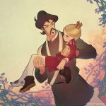  2boys bebinn blonde_hair boots brown_hair carrying child crown daida dated eye_contact facial_hair frown long_sleeves looking_at_another mifu_(b24vc1) mini_crown multiple_boys mustache ousama_ranking outdoors plant princess_carry red_shirt shirt vines 