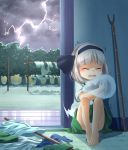  /\/\/\ 1girl bangs barefoot blunt_bangs bob_cut calcmis_gowa closed_eyes clothes clothesline clouds cloudy_sky eyebrows_visible_through_hair green_skirt green_vest hair_ribbon highres indoors knees_up konpaku_youmu konpaku_youmu_(ghost) lightning_bolt night on_floor open_mouth panties pantyshot pole ribbon scared self_hug shadow shirt short_hair short_sleeves silver_hair sitting skirt sky solo tatami touhou tree trembling underwear veranda vest white_panties white_shirt 