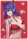  1girl :p absurdres arknights arm_between_breasts bangs bare_shoulders bikini blue_hair blush breasts ch&#039;en_(arknights) dragon_horns eyebrows_visible_through_hair finger_to_mouth hair_between_eyes heart henz highres horns index_finger_raised large_breasts long_hair looking_at_viewer red_bikini red_eyes shushing sidelocks solo swimsuit tongue tongue_out 