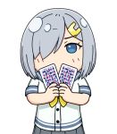  1girl 3toshinhmkz blue_eyes card chibi covering_mouth cowboy_shot gloves grey_skirt hair_ornament hair_over_one_eye hairclip hamakaze_(kantai_collection) holding holding_card kantai_collection looking_at_viewer neckerchief playing_card pleated_skirt school_uniform serafuku short_hair short_sleeves silver_hair simple_background skirt solo white_background white_gloves yellow_neckwear 