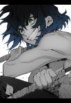  1boy bangs black_border blue_hair border dual_wielding fur green_eyes greyscale grin hashibira_inosuke highres holding holding_weapon katana kimetsu_no_yaiba maki_keigo male_focus monochrome muscle muscular_female shirtless short_hair simple_background smile solo spot_color sword weapon 