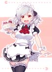  1girl :d alternate_costume apron bangs black_bow black_legwear bow breasts brown_background cake commentary_request dress enmaided eyebrows_visible_through_hair food food_on_face frilled_apron frilled_dress frilled_legwear frills fruit girls_frontline grey_hair hair_bow highres holding holding_plate long_hair maid maid_apron maid_headdress medium_breasts open_mouth pac-man pac-man_(game) plate pleated_skirt puffy_short_sleeves puffy_sleeves red_eyes ribbon-trimmed_legwear ribbon_trim sansei_rain short_sleeves skirt smile solo spas-12_(girls_frontline) strawberry thigh-highs two-tone_background upper_teeth white_apron white_background wrist_cuffs 