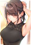  1girl ahoge armpits arms_up bangs black_shirt blush breasts brown_eyes brown_hair eyebrows_visible_through_hair hair_tie hair_tie_in_mouth highres large_breasts looking_away mouth_hold original parted_lips ryuji_(ikeriu) shirt sidelocks sleeveless sleeveless_shirt solo sweat tying_hair 