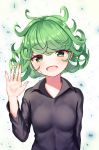  1girl :d bangs bitseon black_dress blush breasts collarbone collared_dress commentary_request curly_hair dress eyebrows_visible_through_hair green_eyes green_hair hand_up long_sleeves looking_at_viewer one-punch_man open_mouth short_hair small_breasts smile solo tatsumaki upper_body white_background 