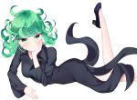  1girl absurdres bangs bitseon black_dress black_footwear blush breasts closed_mouth commentary_request curly_hair dress flipped_hair green_eyes green_hair high_heels highres long_sleeves looking_at_viewer lying medium_hair on_stomach one-punch_man simple_background small_breasts solo tatsumaki white_background 