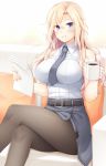  1girl blonde_hair blue_eyes blush breasts buttons collared_shirt eyebrows_visible_through_hair grey_neckwear hornet_(kantai_collection) kantai_collection large_breasts long_hair necktie rui_shi_(rayze_ray) shirt sleeveless sleeveless_shirt smile solo white_shirt 