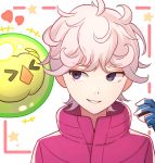  1boy ahoge bangs bede_(pokemon) blonde_hair coat commentary curly_hair eyebrows_visible_through_hair eyelashes gen_5_pokemon gloves hand_up heart highres holding holding_poke_ball looking_to_the_side parted_lips poke_ball pokemon pokemon_(creature) pokemon_(game) pokemon_swsh popped_collar purple_coat smile solosis tanbonota46 teeth upper_body violet_eyes 