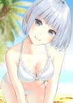  1girl beach bikini breasts commentary day eyebrows_behind_hair grey_eyes hami_(hami-gerden) highres leaning_forward looking_at_viewer medium_breasts original outdoors palm_tree short_hair silver_hair smile solo swimsuit tree white_bikini 