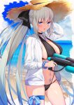  1girl absurdres beach blue_eyes breasts fate/grand_order fate_(series) hat highres large_breasts looking_at_viewer morgan_le_fay_(fate) namaponpon_00 sun_hat swimsuit thighs water_gun white_hair 