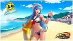  1girl blue_hair breasts emmakof english_commentary highres kula_diamond long_hair looking_at_viewer navel open_mouth red_eyes smile solo swimsuit the_king_of_fighters the_king_of_fighters_all-stars 