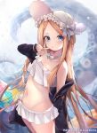  1girl abigail_williams_(fate/grand_order) abigail_williams_(swimsuit_foreigner)_(fate) bangs bare_shoulders bikini black_jacket blonde_hair blue_eyes blush bonnet bow braid breasts fate/grand_order fate_(series) forehead hair_bow hair_rings jacket long_hair long_sleeves looking_at_viewer miniskirt mujinbi navel off_shoulder open_clothes open_jacket open_mouth parted_bangs sidelocks skirt small_breasts swimsuit thighs twin_braids twintails very_long_hair white_bikini white_bow white_headwear 