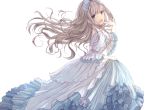  1girl bangs brown_hair dress finger_to_chin floating_hair highres looking_at_viewer looking_back missile228 open_mouth original solo violet_eyes white_background white_dress 