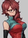  1girl alternate_hair_length alternate_hairstyle android_21 black-framed_eyewear breasts checkered checkered_dress dragon_ball dragon_ball_fighterz dress earrings glasses grey_background hoop_earrings jewelry kemachiku large_breasts looking_at_viewer medium_hair redhead simple_background solo upper_body 