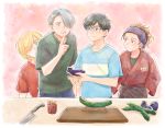  1girl 3boys black_hair blonde_hair blue-framed_eyewear blue_eyes brown_eyes brown_hair cucumber cutting_board ear_piercing eggplant finger_to_mouth glasses green_eyes hair_over_one_eye japanese_clothes katsuki_mari katsuki_yuuri knife multiple_boys open_mouth piercing shirt shouryouuma silver_hair smile t-shirt takeshi_(mononohu20) viktor_nikiforov yuri!!!_on_ice yuri_plisetsky 