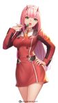  1girl bangs breasts candy darling_in_the_franxx eyebrows_visible_through_hair eyeliner food green_eyes hairband hand_on_hip holding holding_food horns jurrig lollipop long_hair looking_at_viewer makeup medium_breasts military military_uniform oni_horns open_mouth pink_hair red_horns solo thighs uniform white_hairband zero_two_(darling_in_the_franxx) 