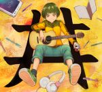  1girl black_hair can cellphone commentary guitar headphones holding instrument kanji looking_at_viewer notebook original pen phone short_hair sitting smartphone solo yajirushi_(chanoma) yellow_eyes 