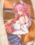  1girl animal_ear_fluff animal_ears black_bra blush bra breasts casual eyebrows_visible_through_hair fate/extra fate/extra_ccc fate/grand_order fate_(series) fox_ears fox_girl fox_tail highres kamehito large_breasts looking_at_viewer looking_back pink_hair school_uniform see-through solo tail tamamo_(fate)_(all) tamamo_no_mae_(fate) underwear yellow_eyes 