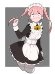  1boy apron artist_name black_dress blush commentary cropped_legs crossdressinging dress frills grey_background highres komi-san_wa_komyushou_desu long_hair long_sleeves looking_at_viewer maid maid_apron maid_dress maid_headdress pink_hair solo sweat tadano_hitohito takita_(takita3411) thigh-highs twintails two-tone_background white_apron white_legwear 