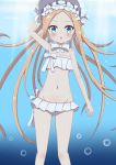  1girl :o abigail_williams_(fate/grand_order) abigail_williams_(swimsuit_foreigner)_(fate) absurdres air_bubble arm_up ass_visible_through_thighs bare_arms bare_shoulders bikini blonde_hair blue_eyes blush bonnet bow bubble commentary_request day fate/grand_order fate_(series) feet_out_of_frame forehead groin hair_bow hand_on_headwear highres jiu_(sdesd3205) long_hair navel outdoors parted_lips solo strapless strapless_bikini swimsuit twintails underwater very_long_hair water white_bikini white_bow white_headwear 