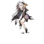  1girl assault_rifle aug_para black_footwear blush bodystocking bow bowtie breasts bullpup character_request dress eyebrows_visible_through_hair girls_frontline gun hair_ribbon holding holding_weapon jacket leg_holster long_hair looking_at_viewer multicolored multicolored_clothes multicolored_dress multicolored_jacket one_eye_closed open_eyes open_mouth ribbon rifle shoes silver_hair single_thighhigh sitting smile_(mm-l) solo squirrel steyr_aug thigh-highs torn_bodystocking torn_clothes torn_jacket torn_legwear twintails weapon white_background white_legwear white_neckwear yellow_eyes 