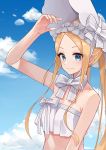  1girl abigail_williams_(fate/grand_order) abigail_williams_(swimsuit_foreigner)_(fate) absurdres bangs bare_shoulders bikini blonde_hair blue_eyes blush bonnet bow breasts fate/grand_order fate_(series) forehead hair_bow highres long_hair looking_at_viewer multiple_bows parted_bangs sidelocks small_breasts smile sorazee12 swimsuit very_long_hair white_bikini white_bow white_headwear 