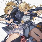  2girls anno88888 bangs belt black_belt black_jacket black_legwear black_shirt black_skirt blonde_hair blue_eyes bomber_jacket breasts flight_deck gun gun_case hair_over_one_eye highres holding holding_gun holding_weapon hornet_(kantai_collection) intrepid_(kantai_collection) jacket kantai_collection long_hair long_sleeves m1903_springfield multiple_girls neck_pillow necktie pantyhose pencil_skirt ponytail revision rigging shirt short_sleeves skirt smile weapon white_shirt white_skirt 