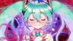  1girl blue_hair close-up closed_eyes floating_hair gradient_hair hands_on_own_chest hatsune_miku multicolored_hair pupuani solo song_name twintails vocaloid 