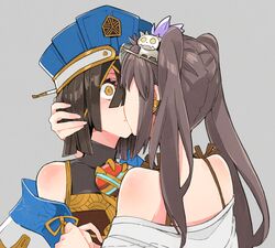  2girls bare_shoulders black_gloves black_hair blue_headwear blush breasts brown_hair chinese_clothes consort_yu_(fate) earrings fate/grand_order fate_(series) fingerless_gloves gem gloves grey_background hair_between_eyes hair_ornament hair_over_one_eye hair_stick highres holding_hands jewelry kiss long_sleeves looking_to_the_side medium_hair mole mole_under_eye multiple_girls naosuke_(morioka_shachuu) simple_background small_breasts straight_hair surprise_kiss surprised tassel twintails upper_body wide_sleeves xu_fu_(fate) yellow_eyes yu_miaoyi_(swimsuit_lancer) yuri 