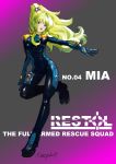  1girl absurdres bodysuit character_name copyright_name english_commentary floating_hair green_hair hex2go highres long_hair looking_at_viewer mia_lilienthal open_mouth pilot_suit ponytail restol_special_rescue_squad solo violet_eyes 