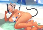  1girl animal_ears ass beach beach_umbrella bikini black_hair blue_eyes blue_sky breasts cat_ears cat_girl cat_tail dark_skin day food glasses holding holding_food large_breasts lying multicolored_hair ocean on_side original outdoors popsicle purple_nails sakuhiko sky solo sweat swimsuit tail two-tone_hair umbrella white-framed_eyewear white_bikini white_hair 