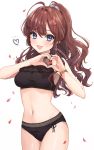  1girl :d absurdres ahoge bangs bare_shoulders bikini black_bikini blue_eyes blush bracelet breasts brown_hair eyebrows_visible_through_hair heart heart_hands highres ichinose_shiki idolmaster idolmaster_cinderella_girls jewelry kudou_(sikisiki0000) long_hair looking_at_viewer medium_breasts open_mouth petals ponytail simple_background smile solo swimsuit wavy_hair white_background 