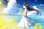  1girl bangs black_hair blue_sky closed_mouth clouds commentary_request cumulonimbus_cloud day dress eyebrows_visible_through_hair flower hair_blowing hair_flower hair_ornament head_tilt highres holding holding_flower kazuharu_kina long_hair looking_at_viewer mountainous_horizon ocean original outdoors petals sky smile solo standing sundress white_dress yellow_eyes yellow_flower 