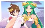  1boy 1girl brown_hair carrying choker commentary couple crown dual_persona forehead_jewel gauntlets green_eyes green_hair highres jewelry katwo kid_icarus kirby kirby_(series) lifting_person long_hair necklace one_eye_closed palutena pit_(kid_icarus) princess_carry sidelocks single_thighhigh sleeveless super_smash_bros. thigh-highs 