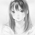  1girl bangs blush collarbone copyright_request eyelashes greyscale long_hair looking_at_viewer monochrome off_shoulder oiraku parted_lips portrait simple_background solo 