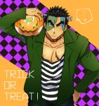  1boy akihiro_altland bara black_eyes black_hair chest cosplay cowboy_shot dark_skin dark_skinned_male ezaki_papiko frankenstein&#039;s_monster frankenstein&#039;s_monster_(cosplay) gundam gundam_tekketsu_no_orphans halloween halloween_costume highres male_focus muscle open_clothes pants pectorals pumpkin scar short_hair solo thick_eyebrows 